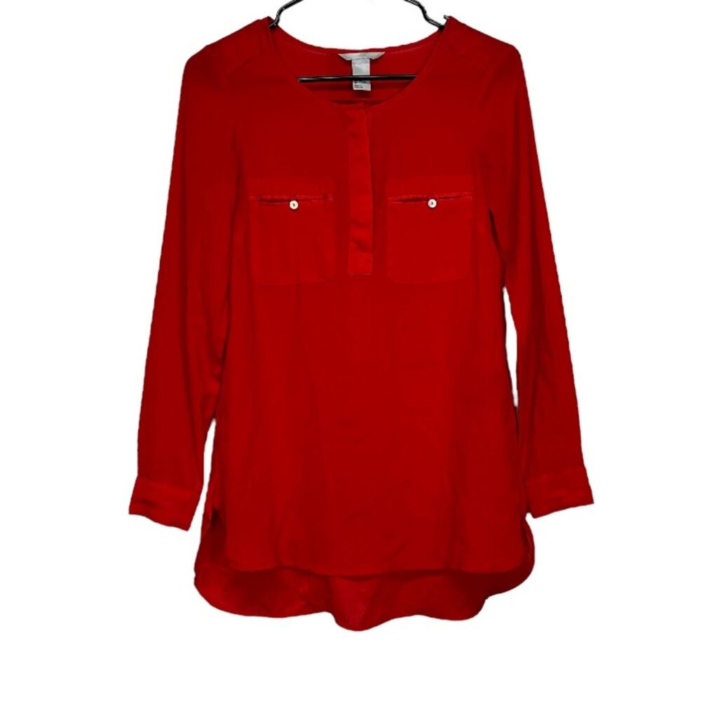 H&M Red Quarter Button Down Long Sleeve Top‎ Size 2
